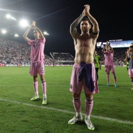 Lionel Messi and Sergio Busquets Celebrating After Inter Miami Win